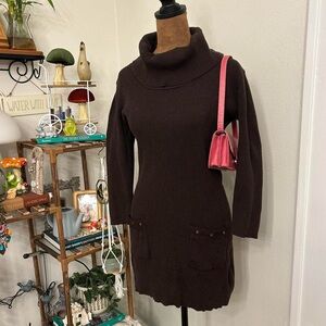 Vintage Brown Ribbed Turtleneck Mini Sweater Dress w Lace Lined Pockets by AGB